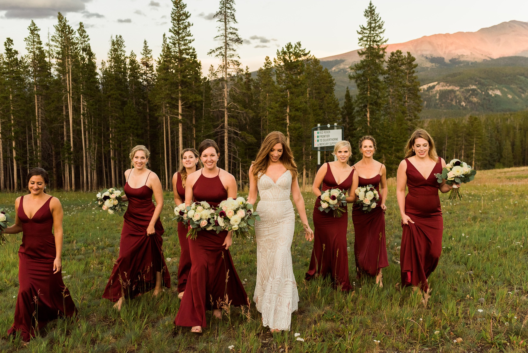 Bride and Bridesmaids walking in mountains