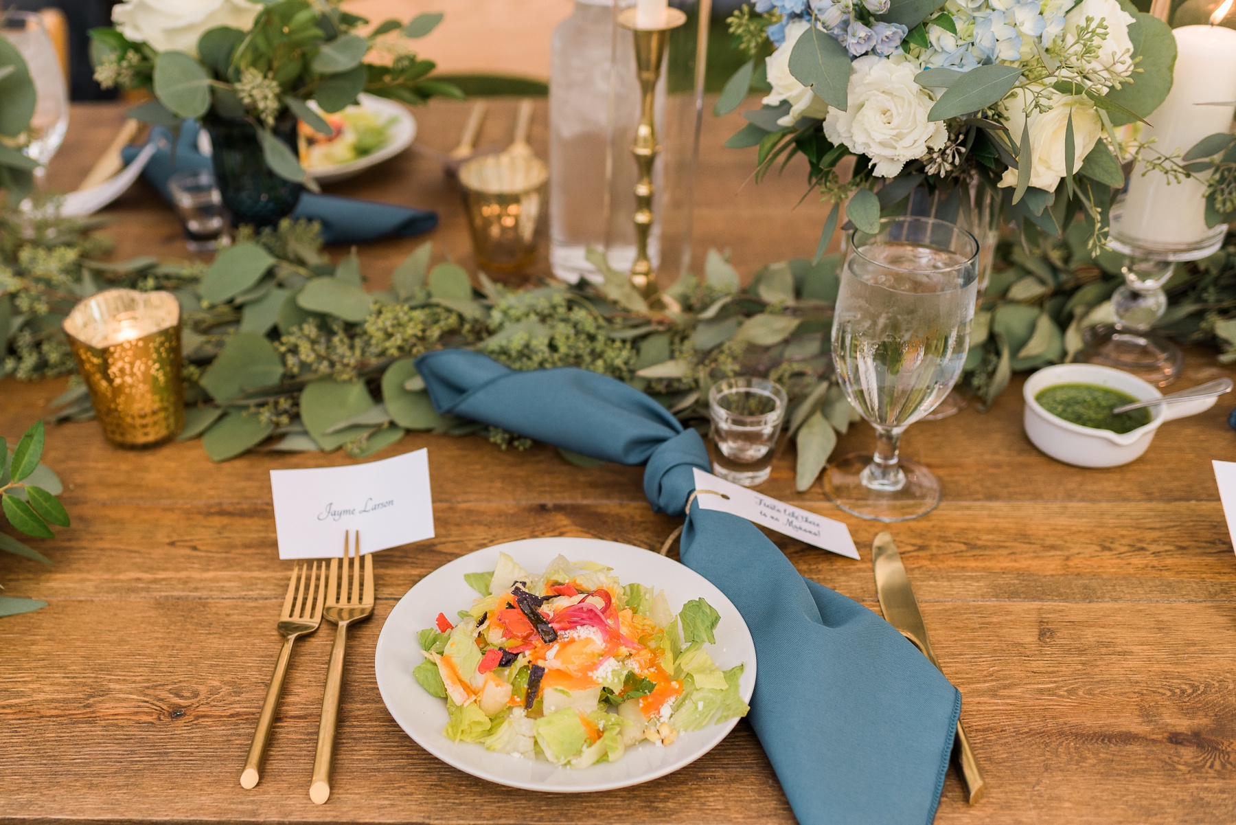Gold Flatware with Blue Napkins Wedding Table