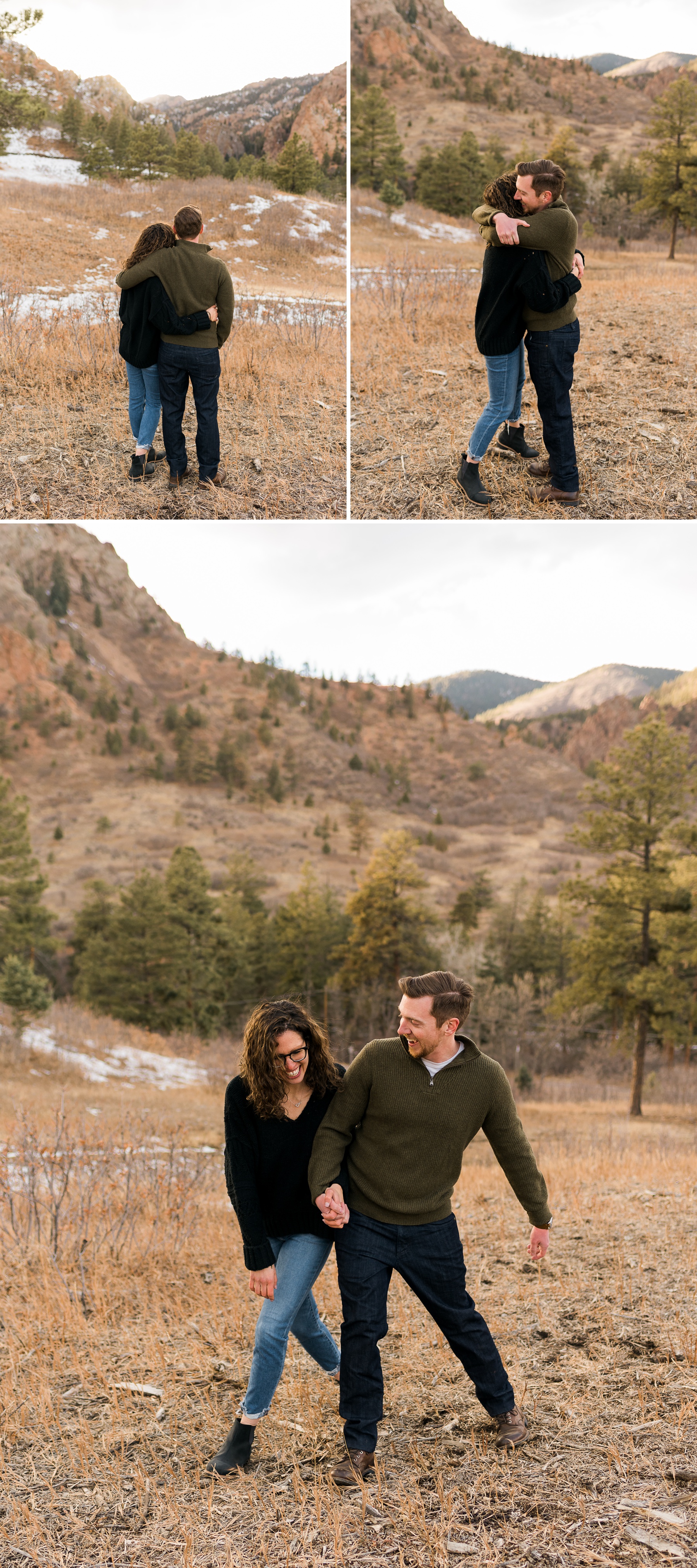 couple walking and hugging for mountain engagement photos