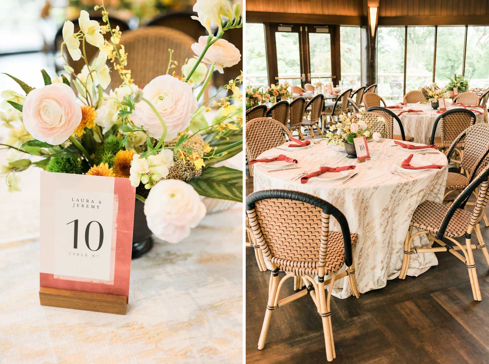 Floral arrangement and wedding reception table.