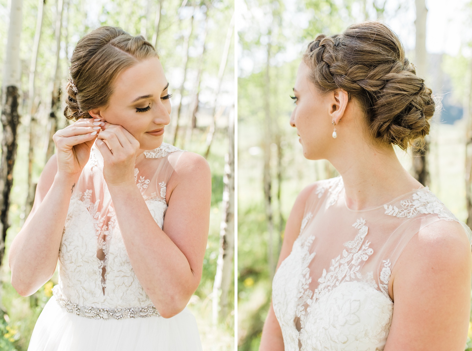 Bride putting on earrings and back of bride's hairstyle